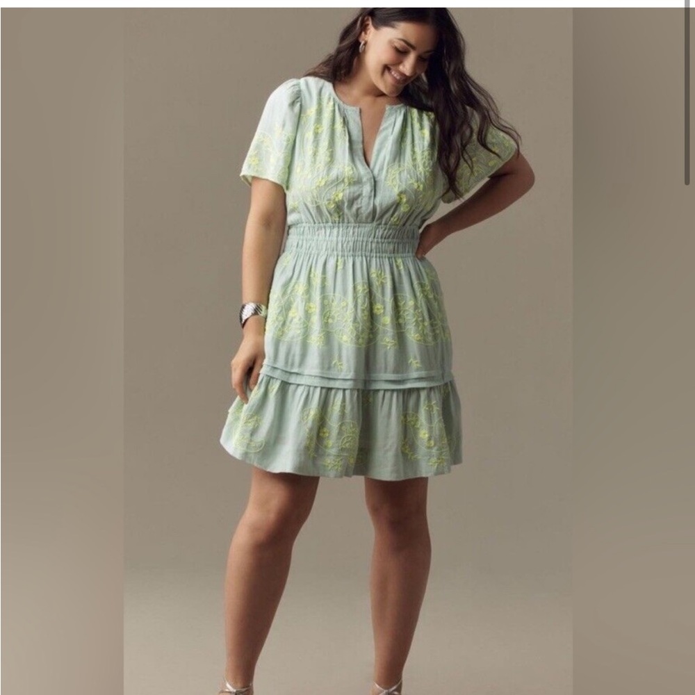 Anthropologie Somerset Mini Dress Light Green Yellow Embroidered Tiered